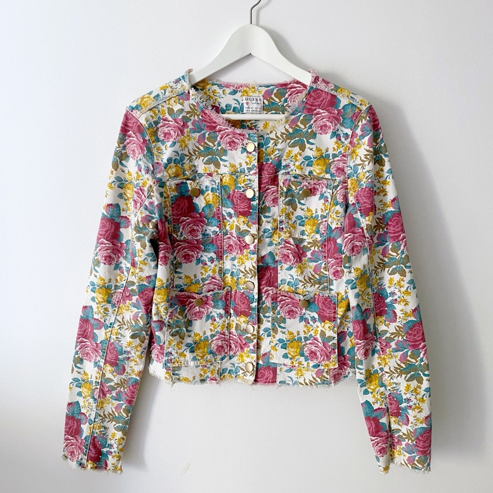 🌹 Vintage Guess Jeans Floral Denim Cropped Jacket Overshirt